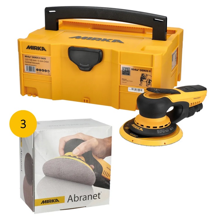 Mirka DEROS II Deros II 125/150mm + Abranet inkl. 3 Pack Abranet 1x P100, 1x 120, 1x K180