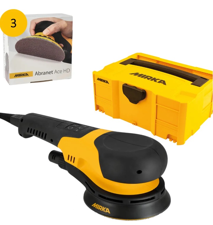 MIRKA-Elektro-Exzenterschleifer DEROS RS600 Case inkl. 3 Pack ABRANET 1x P40, 1x P80, 1x P120