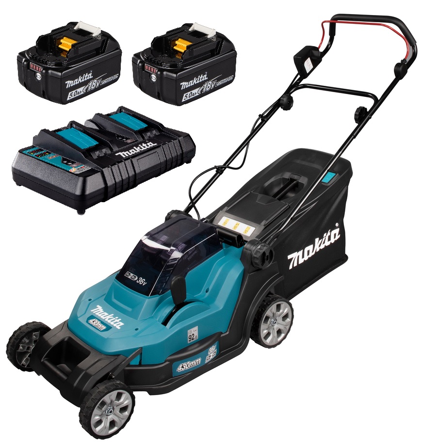 Makita Akku-Rasenmäher DLM432PT2 mit 2x 18V 5Ah Akku und Doppelladegerät DC18RD